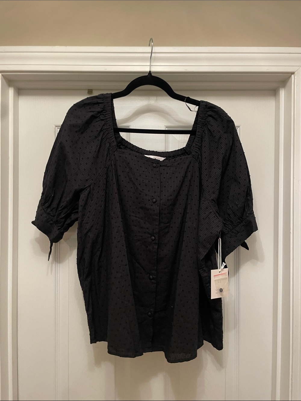 LC Lauren Conrad Black Square-Neck Swiss Dot Puff Sleeve Blouse